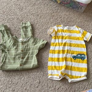 Carter's Yellow and White Striped Bodysuit with Green Car